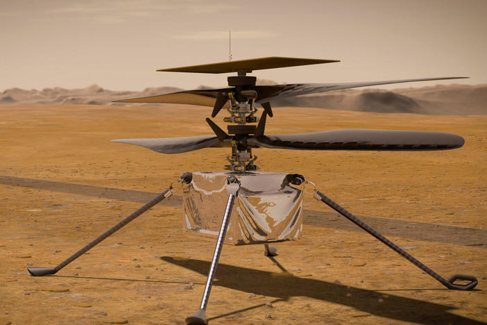 An illustration from NASA shows the Ingenuity Mars helicopter on the red planet's surface near the Perseverance rover, left.