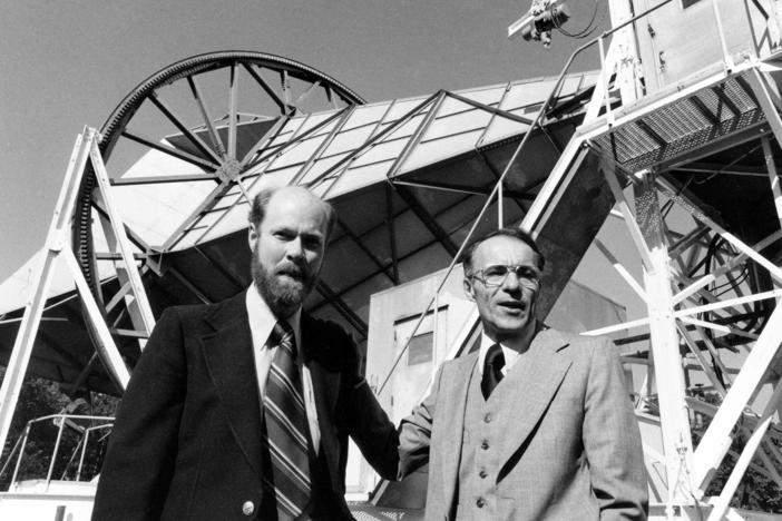 Arno Penzias (right) and Robert Woodrow Wilson, who co-discovered the afterglow of the Big Bang. The Bell Lab employees, who won the 1978 Nobel Prize in physics for their discovery, are shown standing in front of their microwave antenna at Bell Labs in Holmdel, N.J., on Oct. 17, 1978.