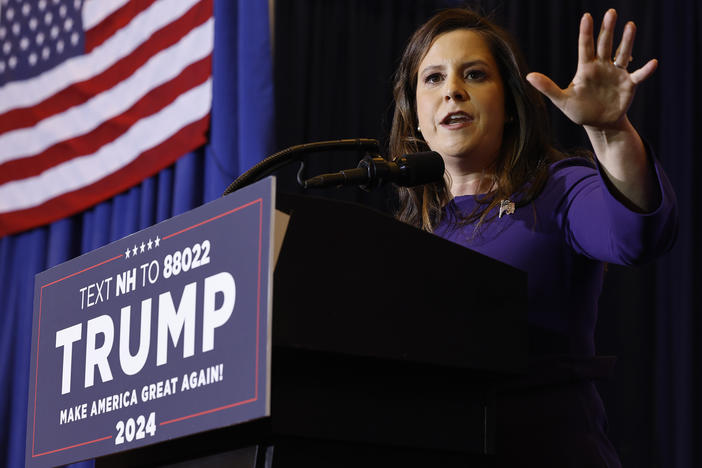 Rep Elise Stefanik, R-N.Y., seen here campaigning for former President Donald Trump in New Hampshire, recently said, "Of course I'd be honored — I've said that for a year — to serve in a future Trump administration in any capacity."