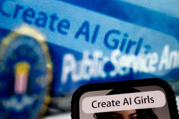 A photo illustration created last July shows an advertisement to create AI girls reflected in a public service announcement issued by the FBI regarding malicious actors manipulating photos and videos to create explicit content and sextortion schemes. A boom in deepfake porn is outpacing U.S. and European efforts to regulate the technology.