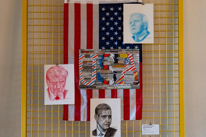 "Prison Reimagined: Presidential Portrait Project" exhibition, featuring artwork by incarcerated artists critiquing the US Justice System, is seen earlier this month at Lincoln's Cottage in Washington, D.C.
