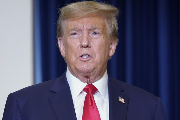 Former President Donald Trump speaks to the media at a Washington hotel on Jan. 9, 2024, after attending a hearing before the D.C. Circuit Court of Appeals at the federal courthouse in Washington.