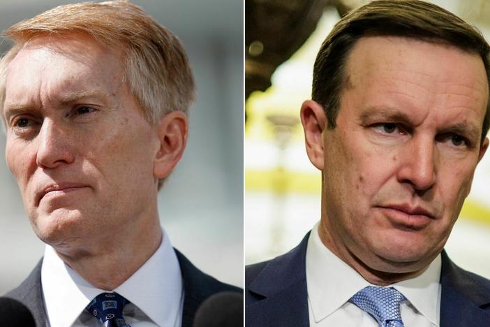 Left: Sen. James Lankford, R-Okla., speaks on border security and Title 42 during a press conference at the Capitol on May 11, 2023. Right: U.S. Senator Chris Murphy, D-Conn., at press conference on Jan. 23, in Washington, D.C.