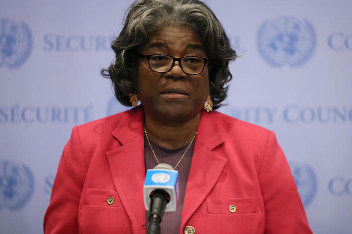 U.S. Ambassador to the U.N. Linda Thomas-Greenfield speaks during a press conference at the United Nations headquarters.
