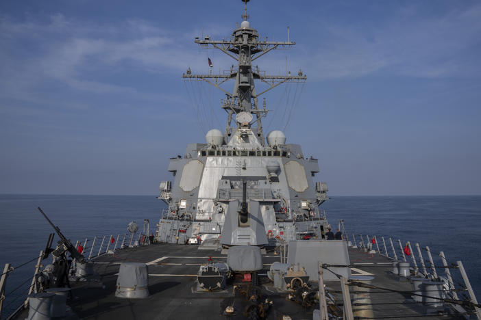 The U.S.S. Gravely destroyer is seen in the south Red Sea on Tuesday, Feb. 13. CENTCOM said U.S. forces repelled five Houthi attacks on Saturday.