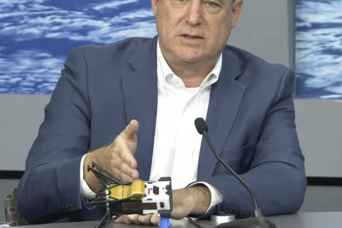 In this image from video provided by NASA, Steve Altemus, CEO and co-founder of Intuitive Machines, describes how it is believed the company's Odysseus spacecraft landed on the surface of the moon, during a news conference in Houston on Friday, Feb. 23, 2024.