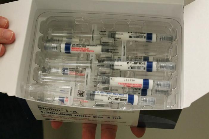 Vials of injectable penicillin in cold storage at the Metro Public Health Department in Nashville, Tenn. Injectable penicillin is the go-to treatment for syphilis and the only treatment considered safe for pregnant people with the disease.