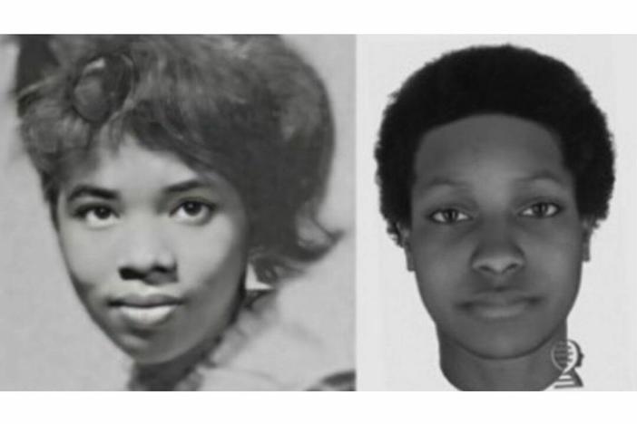 A side-by-side comparison between Sandra Young (left) and an image rendered in 2021 using DNA technology (right.)