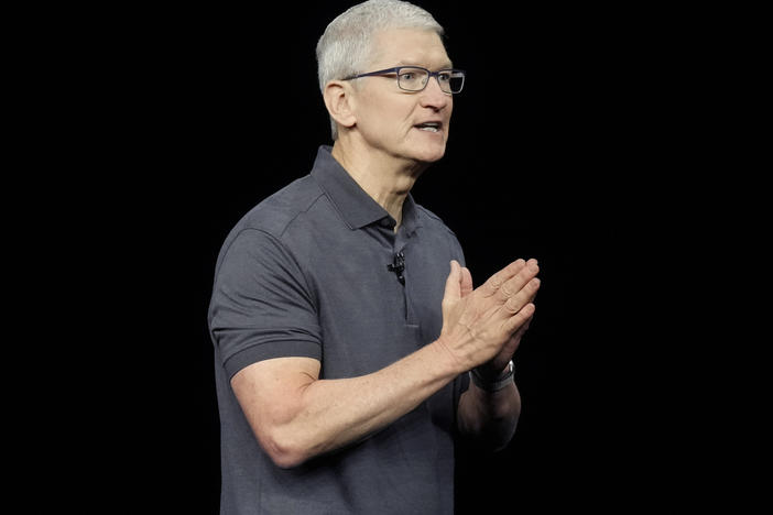 Apple CEO Tim Cook speaks during an announcement of new products on the Apple campus in September 2023.