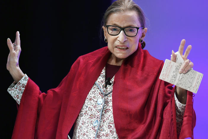 Supreme Court Justice Ruth Bader Ginsburg died in 2020, months after approving an award in her name to honor women who have made a positive difference.  Ginsburg is pictured speaking at Amherst College in Amherst, Mass, on Oct. 3, 2019.