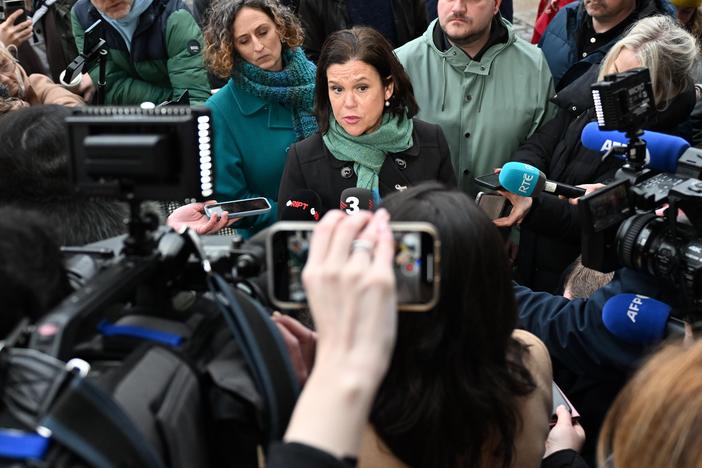Sinn Fein leader Mary Lou McDonald speaks to the media outside Dublin castle following the referendum on March 9, 2024 in Dublin, Ireland.