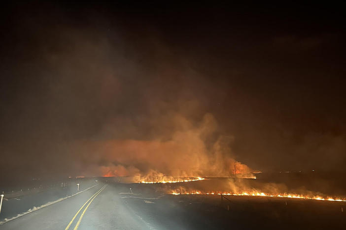 Fire crosses a road in the Smokehouse Creek fire in February in the Texas panhandle.