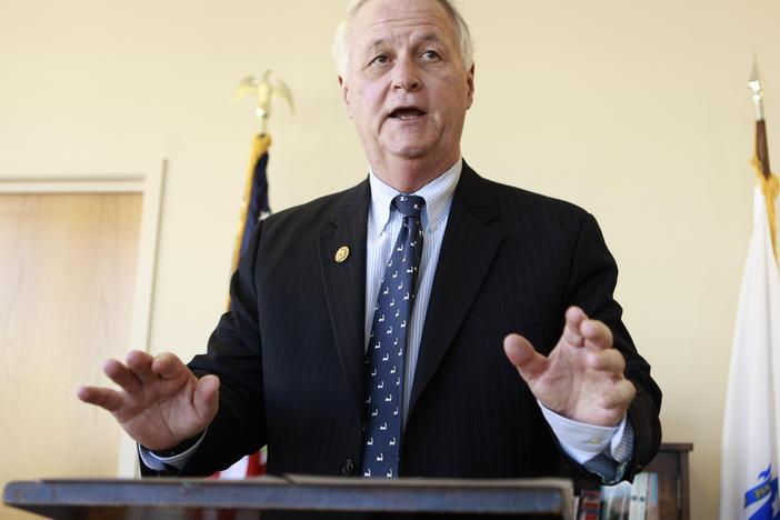 U.S. Rep. William Delahunt, D-Mass., faces reporters during a news conference in Quincy, Mass., on Feb. 22, 2010.