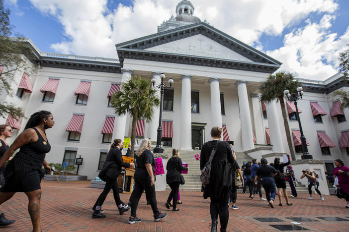 Supporters of abortion access march in front of the Florida Capitol Building in February 2022.