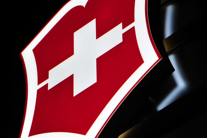 A Victorinox logo is displayed during Baselworld on March 16, 2016 in Basel, Switzerland.