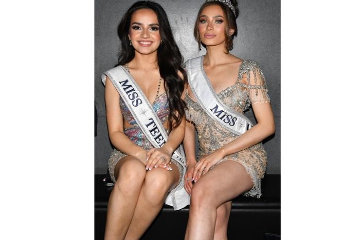 Miss Teen USA, UmaSofia Srivastava, left, and Miss USA, Noelia Voigt pictured at a New York Fashion Week event in February. They both announced their resignations this week.