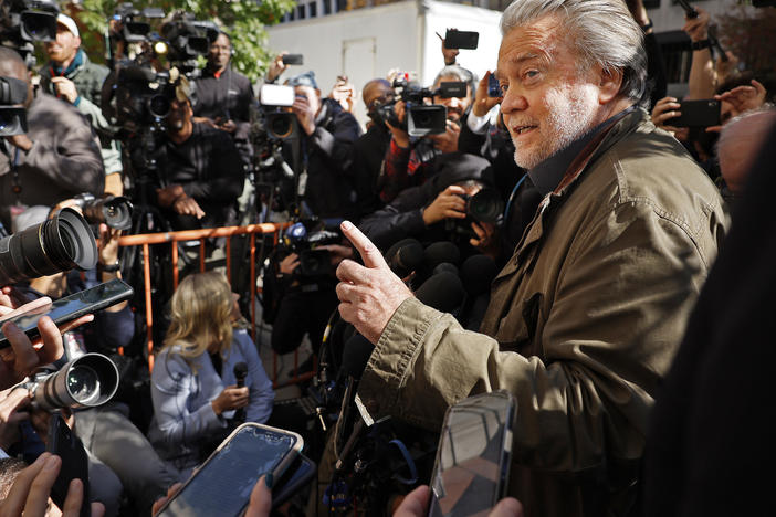 Former Trump White House senior adviser Stephen Bannon speaks to journalists after leaving federal court in Washington, D.C., after being sentenced in 2022. Bannon was sentenced to four months in prison after a federal jury found him guilty of two counts of contempt of Congress.