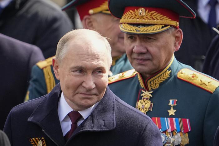 Russian President Vladimir Putin, left, and Russian Defense Minister Sergei Shoigu leave Red Square after the Victory Day military parade in Moscow, Russia, on Thursday.