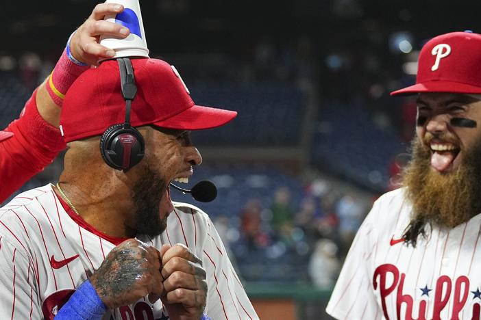 Edmundo Sosa and Phillies teammate Brandon Marsh after a game against the New York Mets in May.