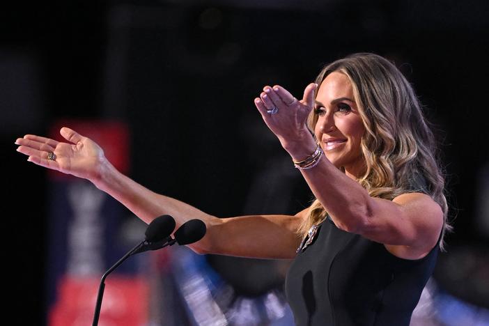 Co-chair of the Republican National Committee Lara Trump blows kisses to her father-in-law, former President Donald Trump, after speaking during the second day of the 2024 Republican National Convention at the Fiserv Forum in Milwaukee on Tuesday.