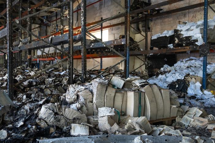 Scenes of destruction at the Factor Druk printing house, one of Ukraine's largest, can be seen days after it was hit in a Russian missile attack on May 27.