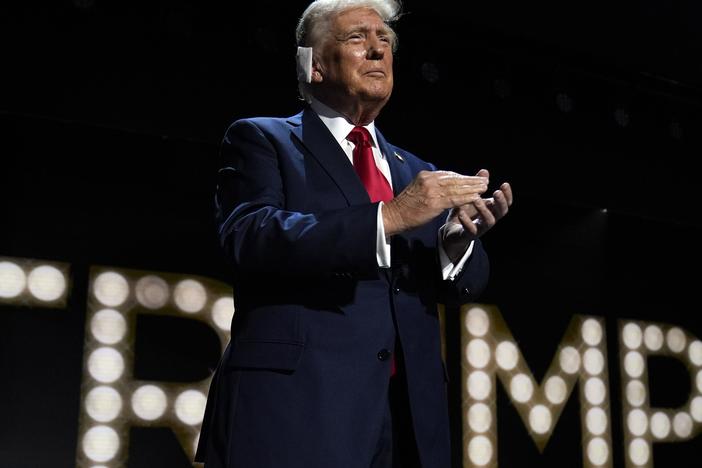 Republican presidential candidate former President Donald Trump is introduced during the final night of the Republican National Convention.