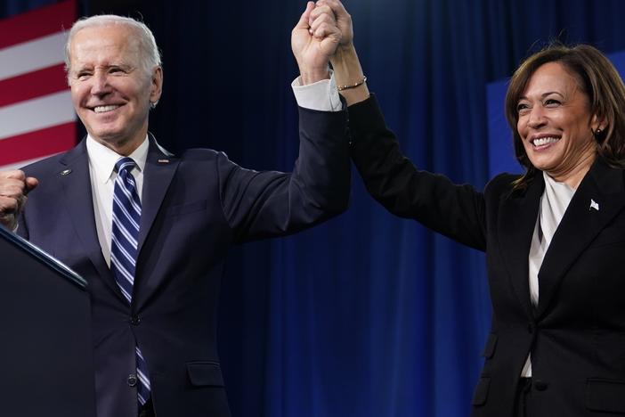 President Biden and Vice President Harris stand on stage at the Democratic National Committee winter meeting, Feb. 3, 2023, in Philadelphia. After deciding to no longer seek the Democratic nomination, Biden endorsed Harris to be the Democratic nominee and take on Republican nominee, former President Donald Trump.