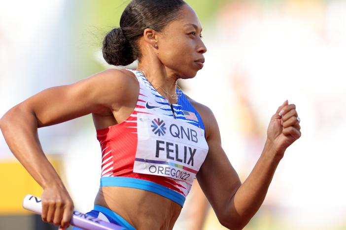 Allyson Felix of Team United States competes in the Women's 4x400m Relay heats on day nine of the World Athletics Championships Oregon22 at Hayward Field on July 23, 2022 in Eugene, Oregon.