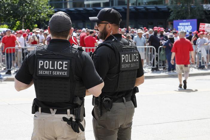 U.S. Secret Service police provide security before former President Trump and vice presidential nominee JD Vance speak at their first campaign rally together in Grand Rapids, Mich., on Saturday.