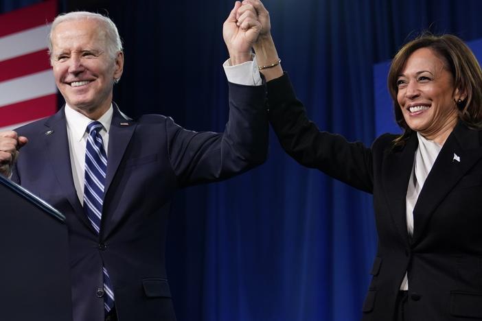 President Biden and Vice President Harris stand on stage at the Democratic National Committee winter meeting, Feb. 3, 2023, in Philadelphia. After deciding to no longer seek the Democratic nomination, Biden endorsed Harris to be the Democratic nominee and take on Republican nominee, former President Donald Trump.