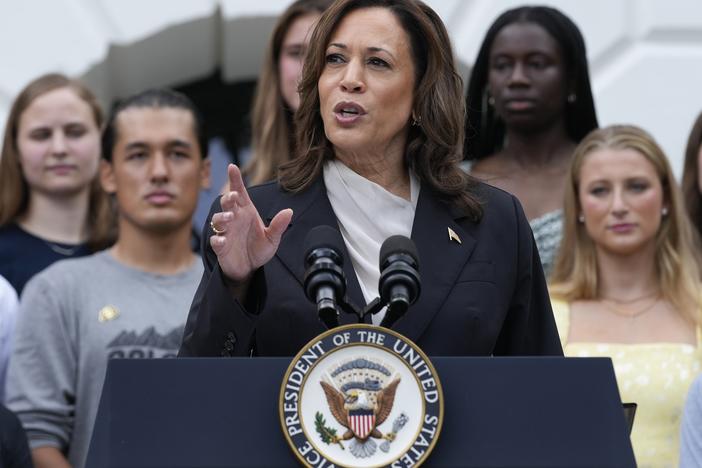Vice President Kamala Harris speaks from the South Lawn of the White House in Washington on Monday during an event with NCAA college athletes. 