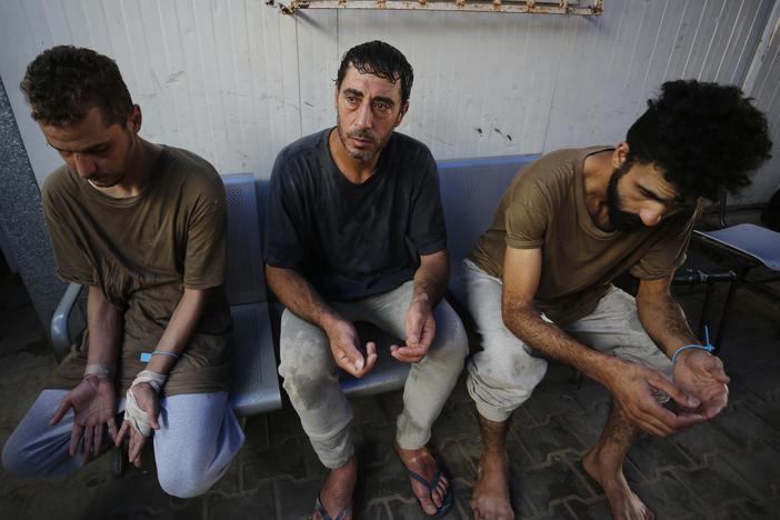 Palestinian detainees after they were released by the Israeli army, in Deir Al Balah, Gaza Strip, on June 20.