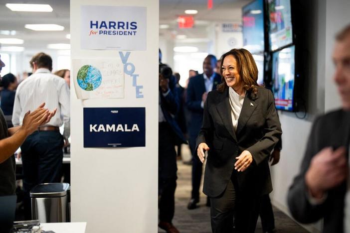 Vice President Harris greets staff at campaign headquarters in Wilmington, Del., on Monday.