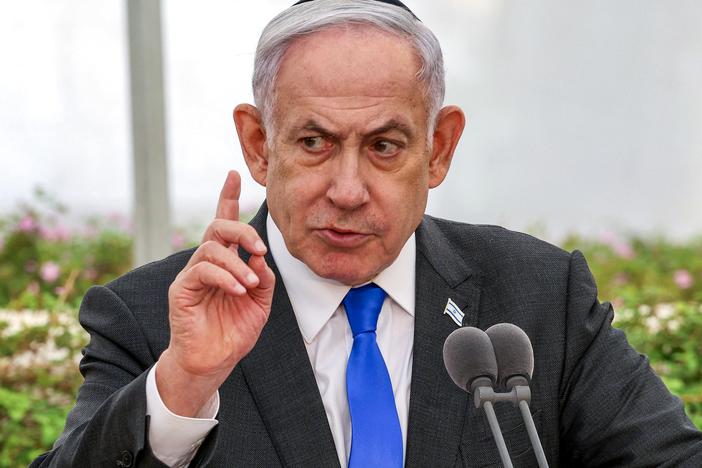 Israeli Prime Minister Benjamin Netanyahu speaks during a state memorial ceremony for the victims of the 1948 Altalena affair, at Nachalat Yitzhak cemetery in Tel Aviv on June 18.