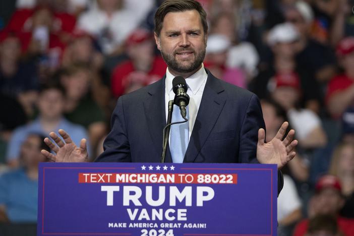 Sen. JD Vance, R-Ohio, the Republican vice presidential candidate, speaks at a rally in Grand Rapids, Mich., on Saturday.