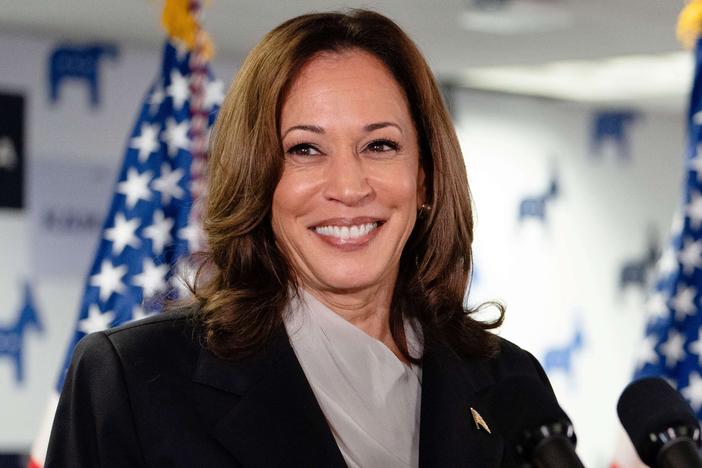 Vice President and Democratic presidential candidate Kamala Harris speaks at her campaign headquarters in Wilmington, Delaware, on Monday.