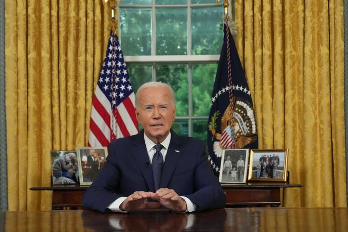 U.S. President Joe Biden delivers an address from the Oval Office of the White House on July 14, 2024 in Washington, D.C., to call for a calming of political rhetoric a day after a shooting in Butler, Pa., left former President Trump injured at a campaign rally.