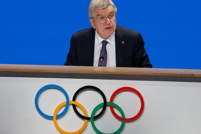 International Olympic Committee President Thomas Bach speaks during the 142nd session of the IOC in Paris on Wednesday, ahead of the Paris 2024 Olympic Games.