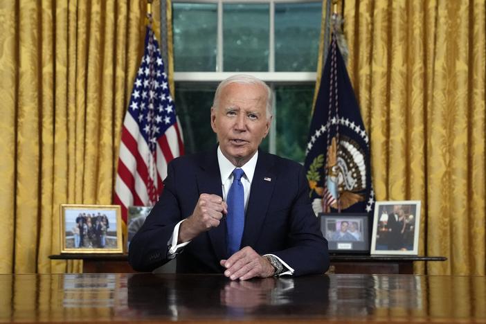 President Biden speaks during an address to the nation about his decision to not seek reelection in the Oval Office at the White House on Wednesday. 