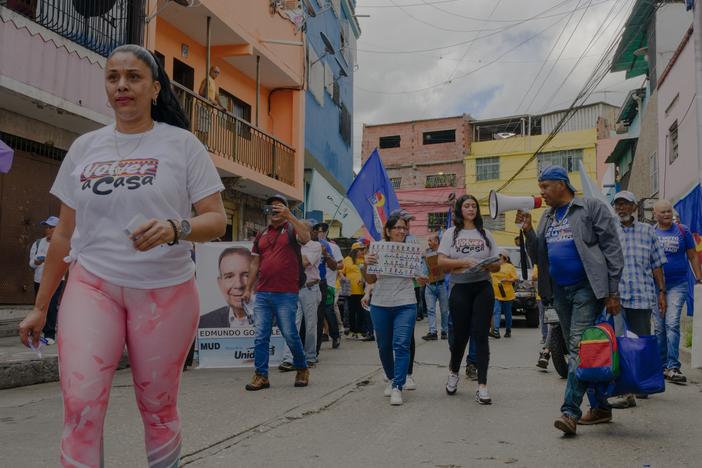 Residents and community organizers take the street Wednesday to show support for opposition candidate in Venezuela's presidential election, Edmundo Gónzalez Urrutia, in the neighborhood of La Vega, in Venezuela's capital of Caracas.