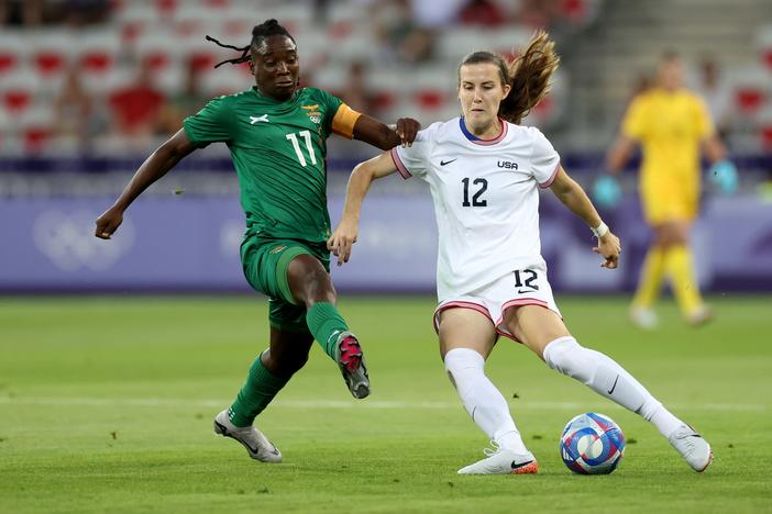 Tierna Davidson (right) of the U.S. Women's National Team is challenged by Barbra Banda of Zambia during a group match between the U.S. and Zambia during the Paris Olympics at Stade de Nice on Thursday in Nice, France.