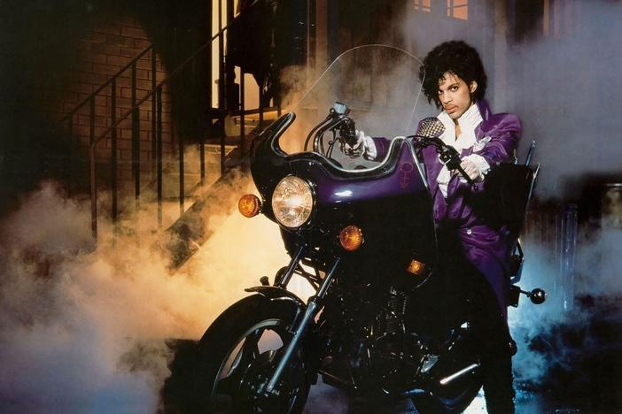  Prince on the custom motorcycle featured in <em>Purple Rain. </em>