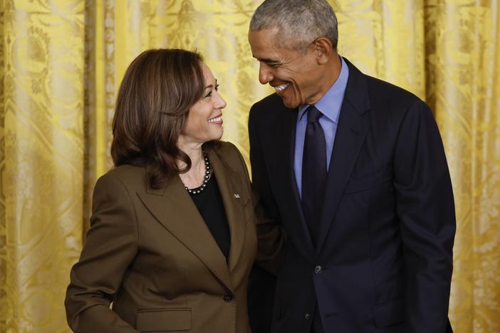 Vice President Harris and former President Barack Obama attend a White House event marking the anniversary of the Affordable Care Act on April 5, 2022.