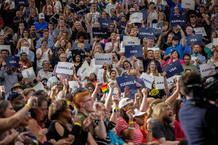 Democrats cheer for Vice President Harris at a rally — the first of her campaign — in Milwaukee on July 23, 2024.