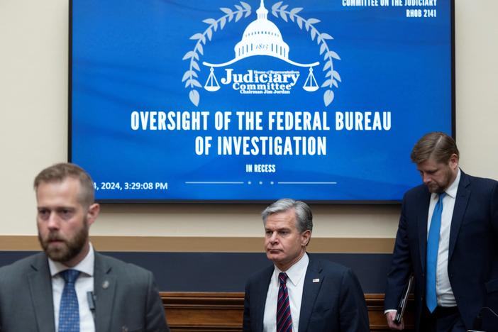 FBI Director Christopher Wray arrives at a House Judiciary Committee hearing on Capitol Hill in Washington, D.C., on Wednesday.