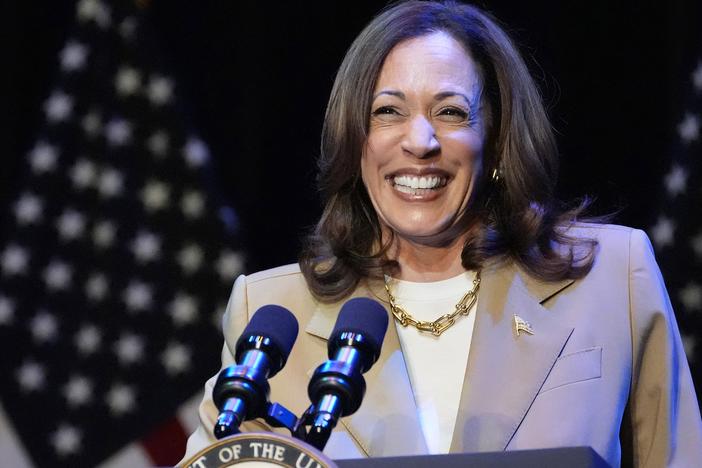 U.S. Vice President and Democratic presidential candidate Kamala Harris speaks during a campaign fundraising event at the Colonial Theater in Pittsfield, Mass., on Saturday.