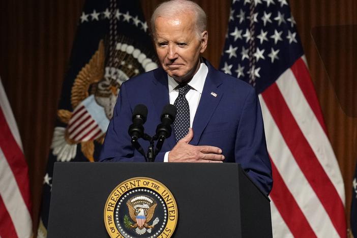  President Joe Biden speaks at an event commemorating the 60th Anniversary of the Civil Rights Act, Monday, July 29, 2024, at the LBJ Presidential Library in Austin, Texas. 