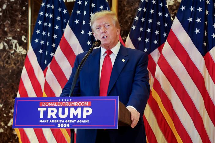 Former President Donald Trump will address Black journalists at this year's NABJ convention in Chicago. Here, Trump is seen holding a press conference on May 31 following the verdict in his hush-money trial in New York City.