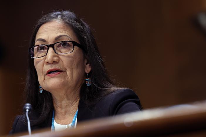 U.S. Interior Secretary Deb Haaland testifies during a Senate Energy and Natural Resources hearing in May.