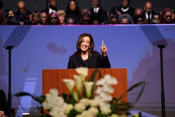 Vice President Harris, the likely Democratic presidential nominee, delivers the eulogy for Rep. Sheila Jackson Lee at Fallbrook Church in Houston on Thursday. 